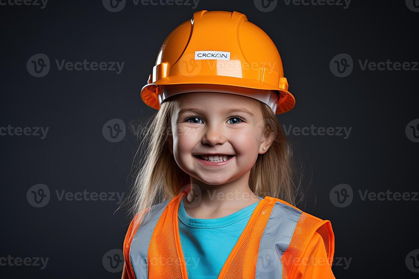 Portrait of a smiling little girl in a construction helmet photo
