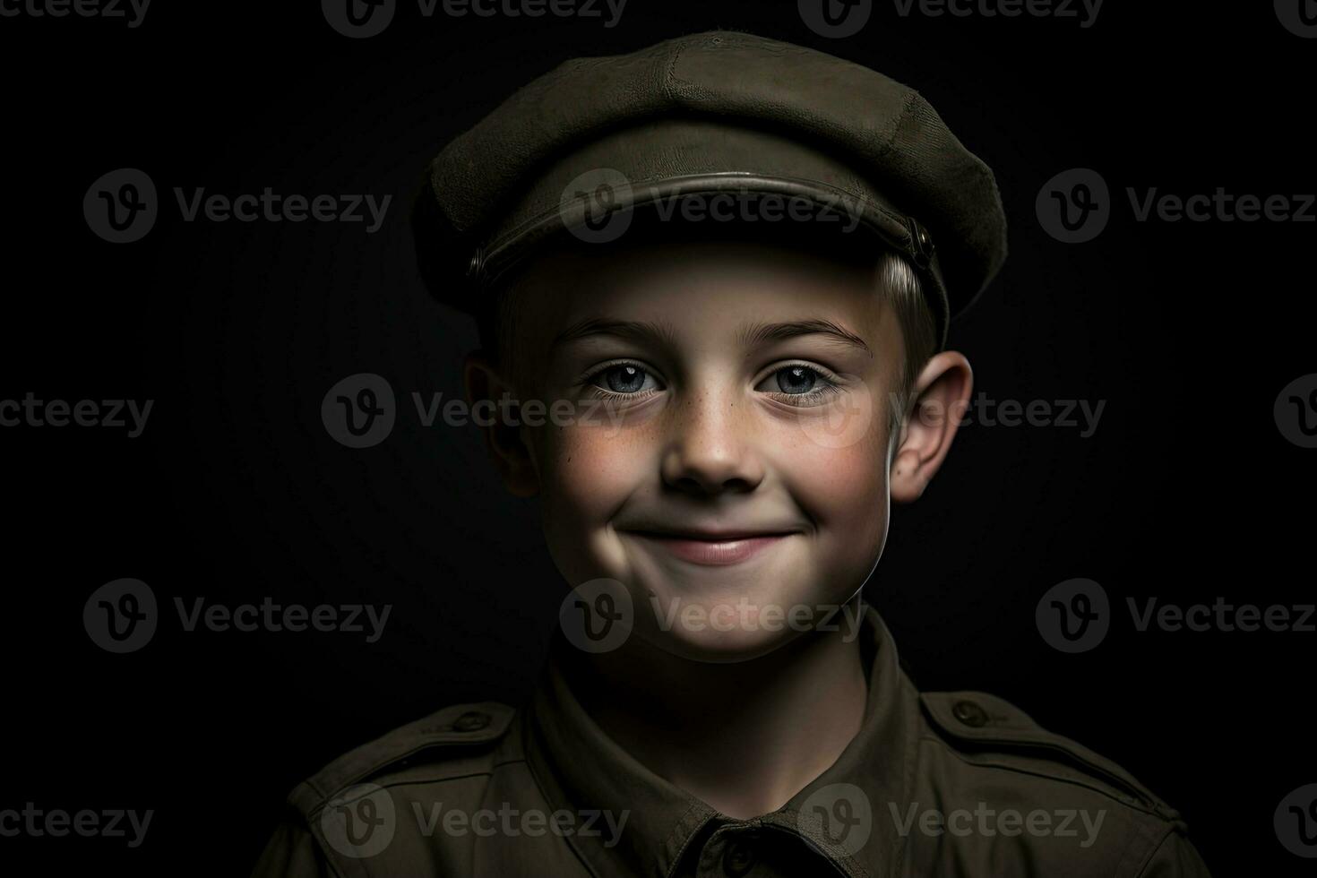 Portrait of a cute little boy in military uniform on dark background AI Generated photo