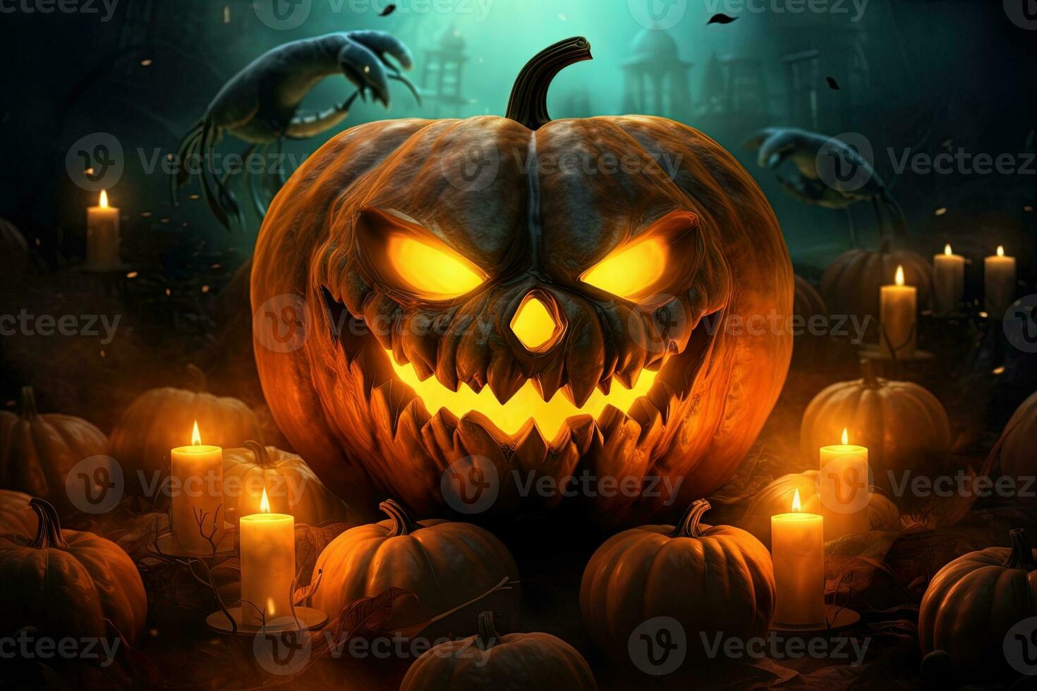Halloween pumpkin head jack lantern with candles on dark background. Halloween concept AI Generated photo
