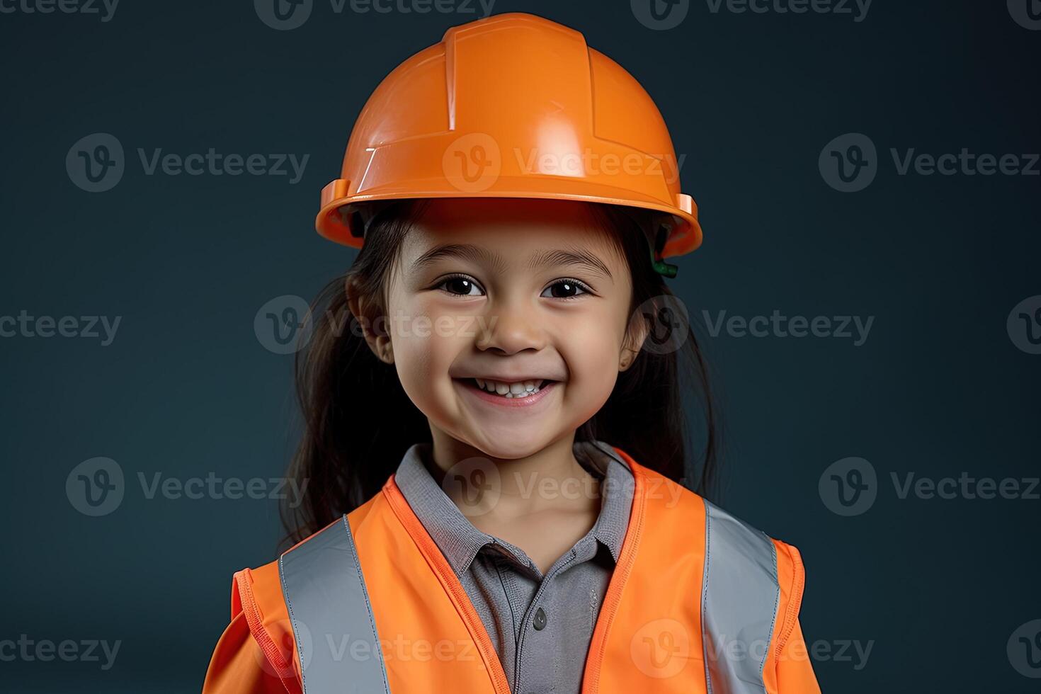 Portrait of a smiling little girl in a construction helmet photo
