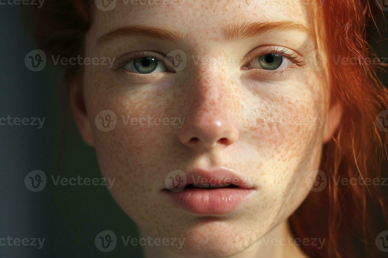 a close up of a woman with freckles AI generated photo