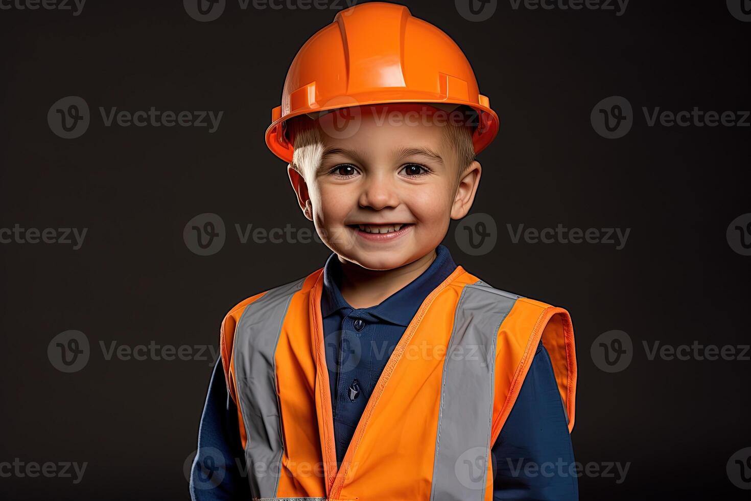 retrato de un linda pequeño chico en un construcción casco ai generado foto