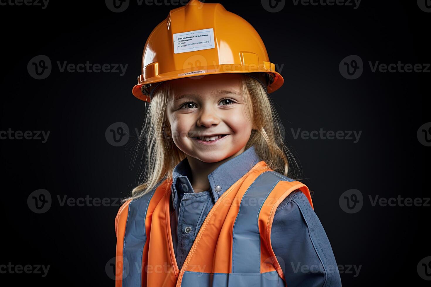 retrato de un sonriente pequeño niña en un construcción casco ai generado foto