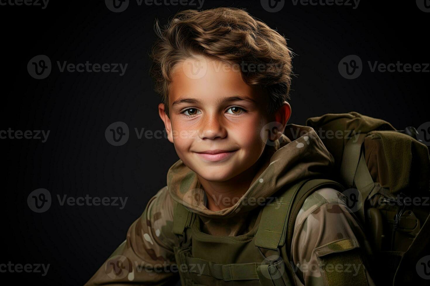 Portrait of a cute little boy in military uniform on dark background AI Generated photo