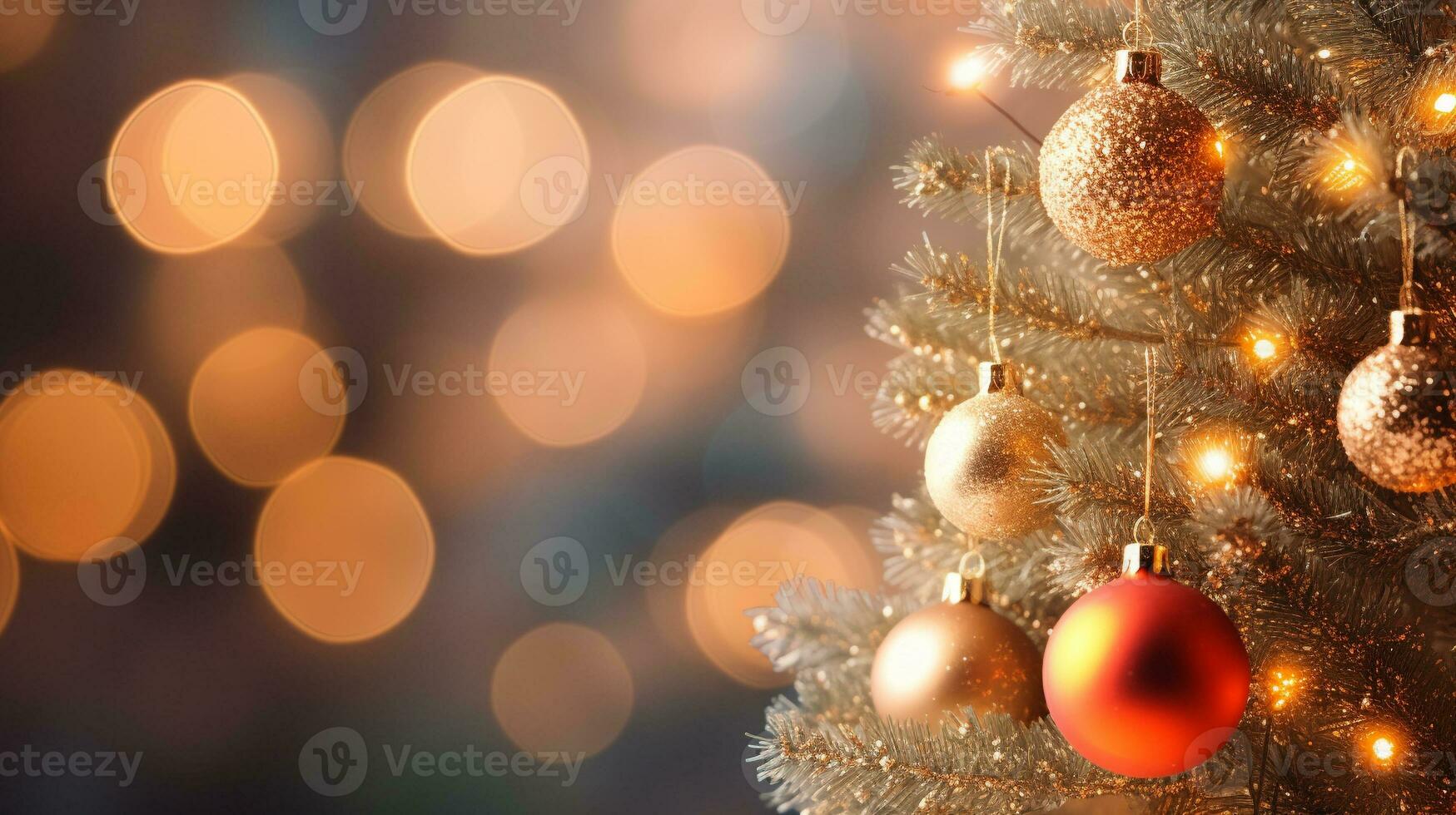 Christmas tree with golden bauble ornament decoration on blur background with copy space for design. happy new year and holiday seasonal festive backdrop concept. generative AI photo