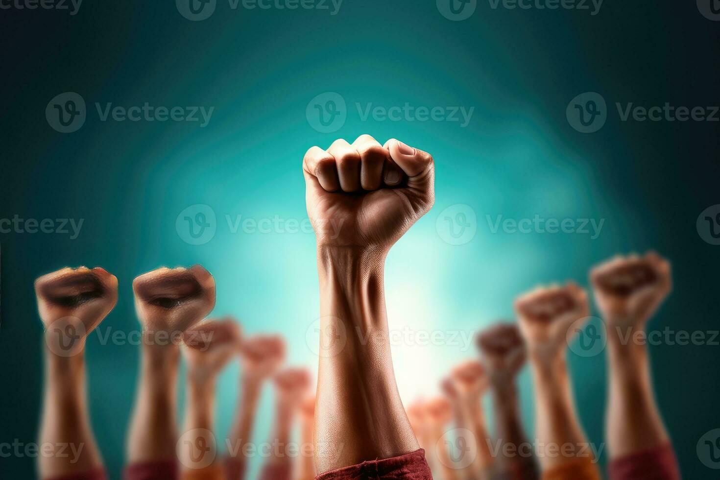 Raised hands on abstract background. Human rights and freedom concept. photo