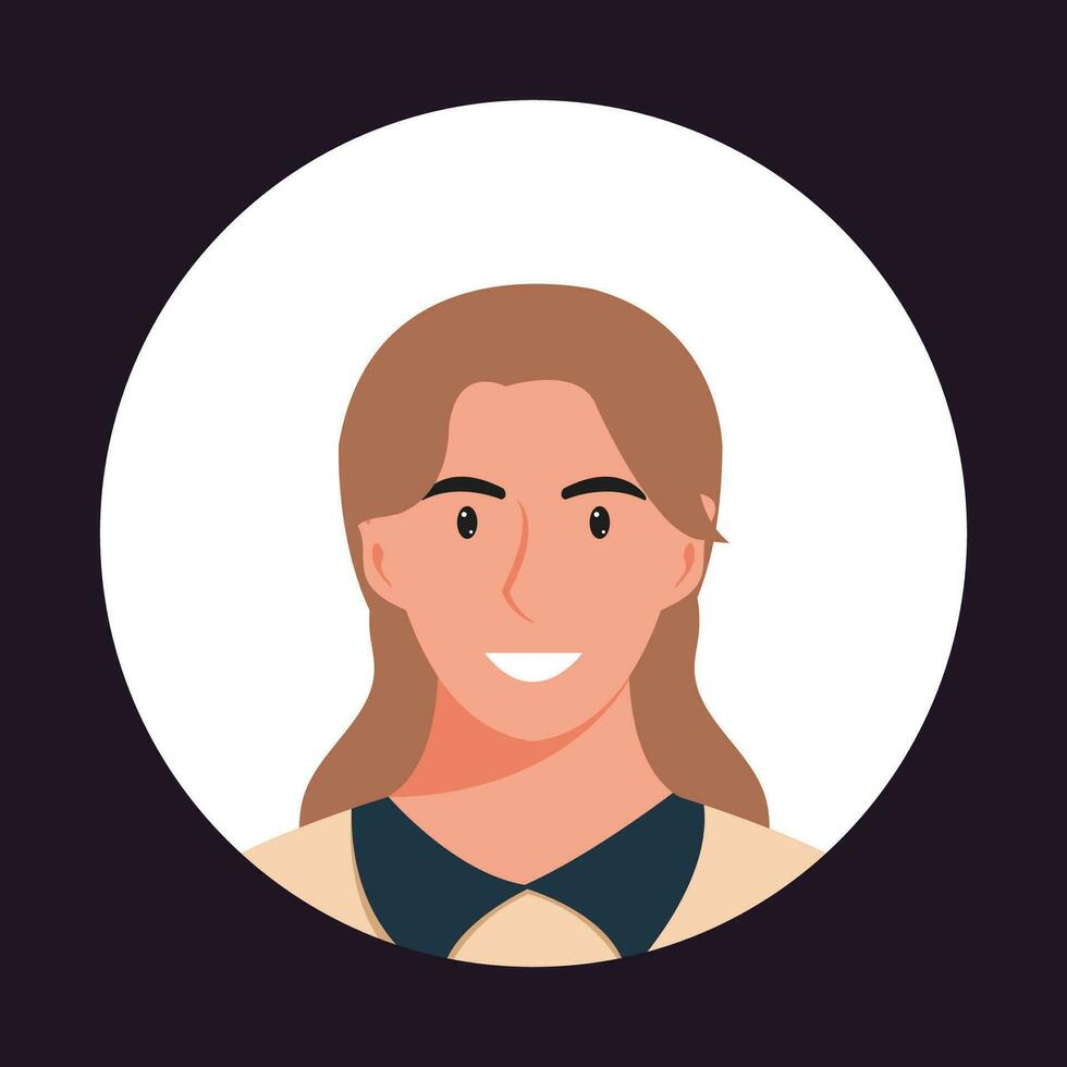 Circle the avatar with the portrait women of various races and hairstyles. Collection of user profiles. Round icon with happy smiling human. Colorful flat vector illustration.