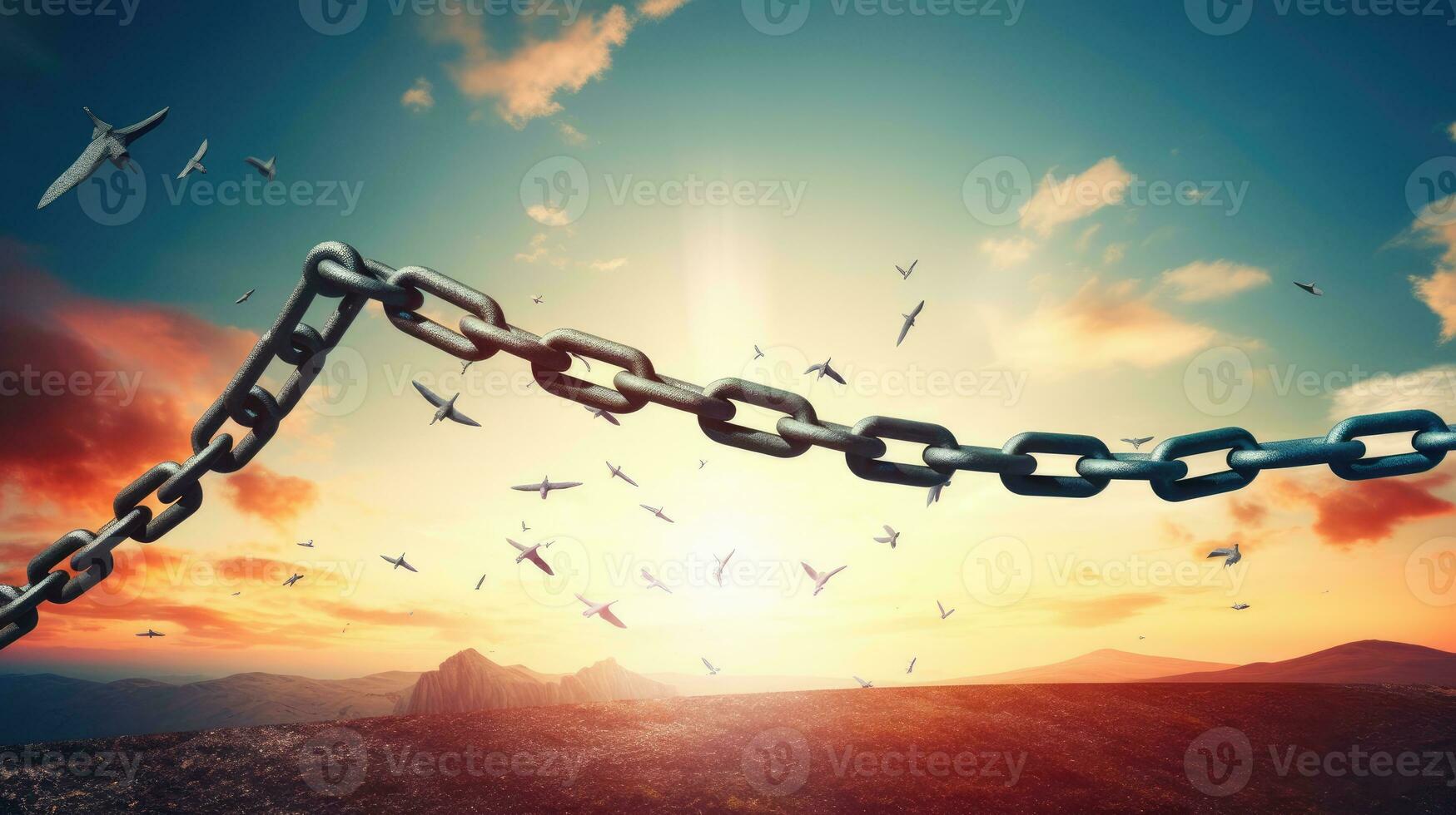 Conceptual image of broken chain against blue sky with white clouds photo
