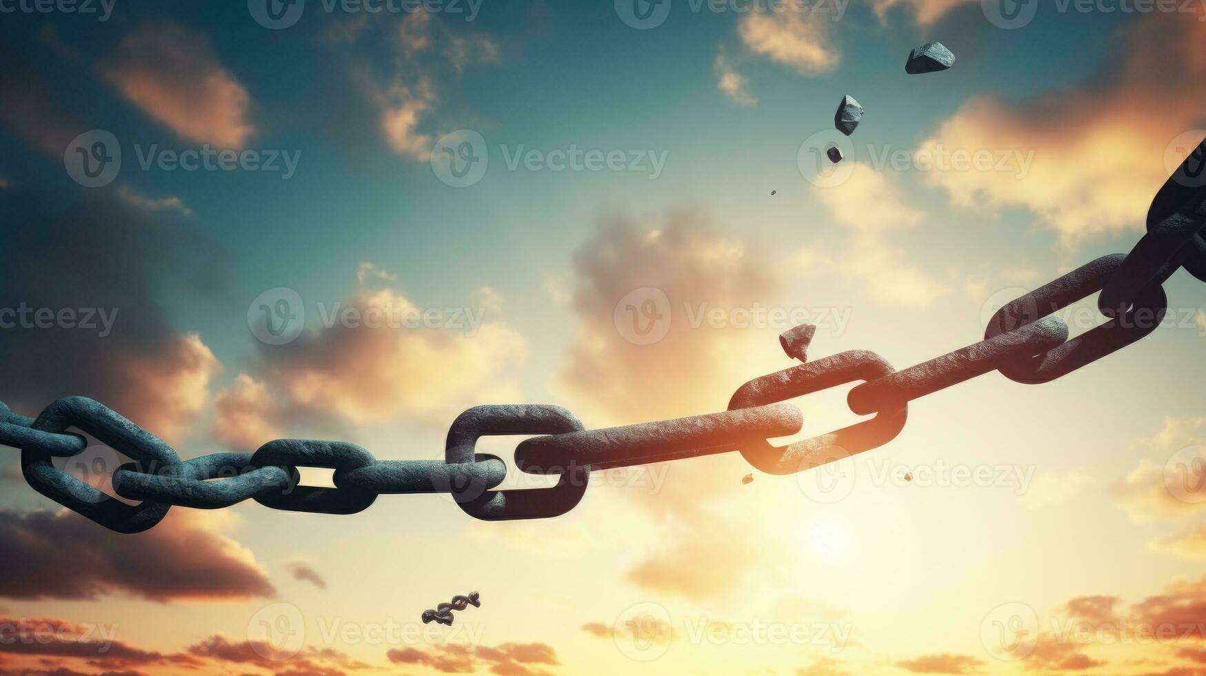 Conceptual image of broken chain against blue sky with white clouds photo