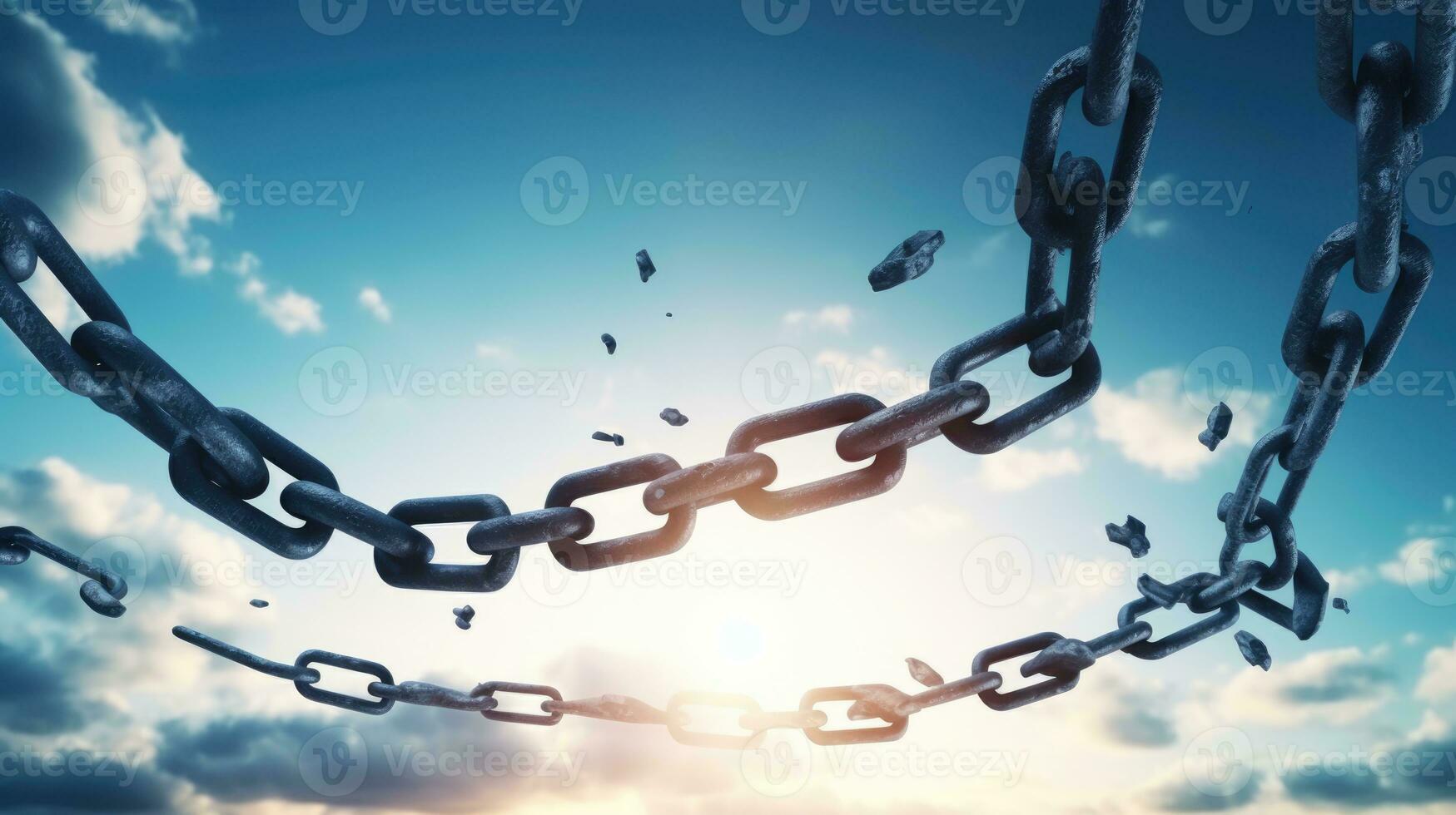 Conceptual image of broken chain against blue sky with white clouds photo
