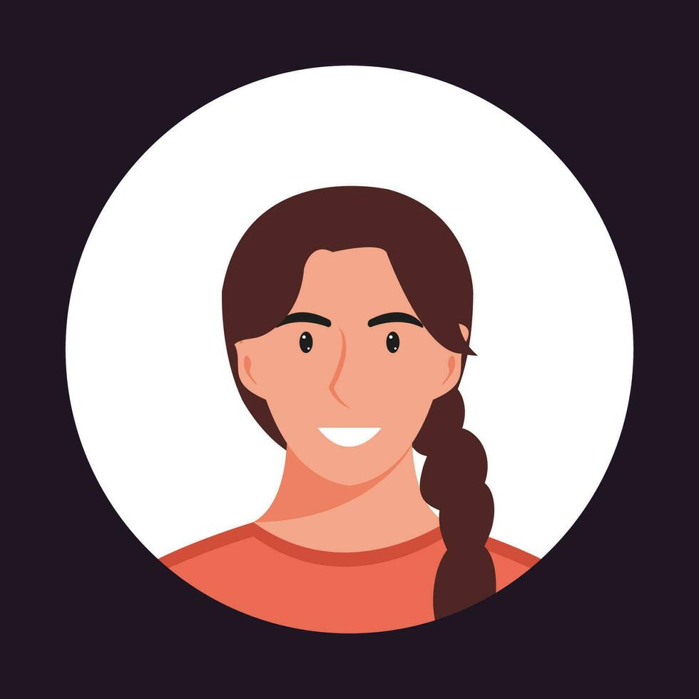 Circle the avatar with the portrait women of various races and hairstyles. Collection of user profiles. Round icon with happy smiling human. Colorful flat vector illustration.