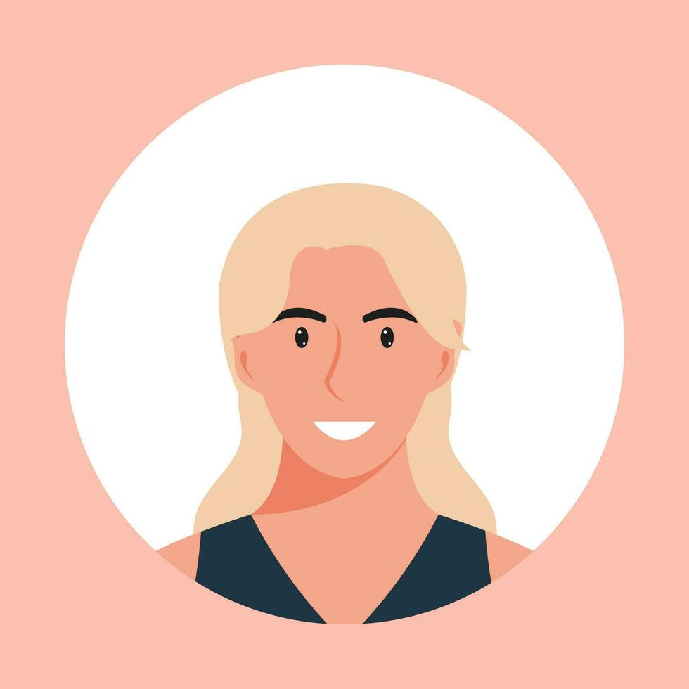 Circle the avatar with the portrait women of various races and hairstyles. Collection of user profiles. Round icon with happy smiling human. Colorful flat vector illustration.