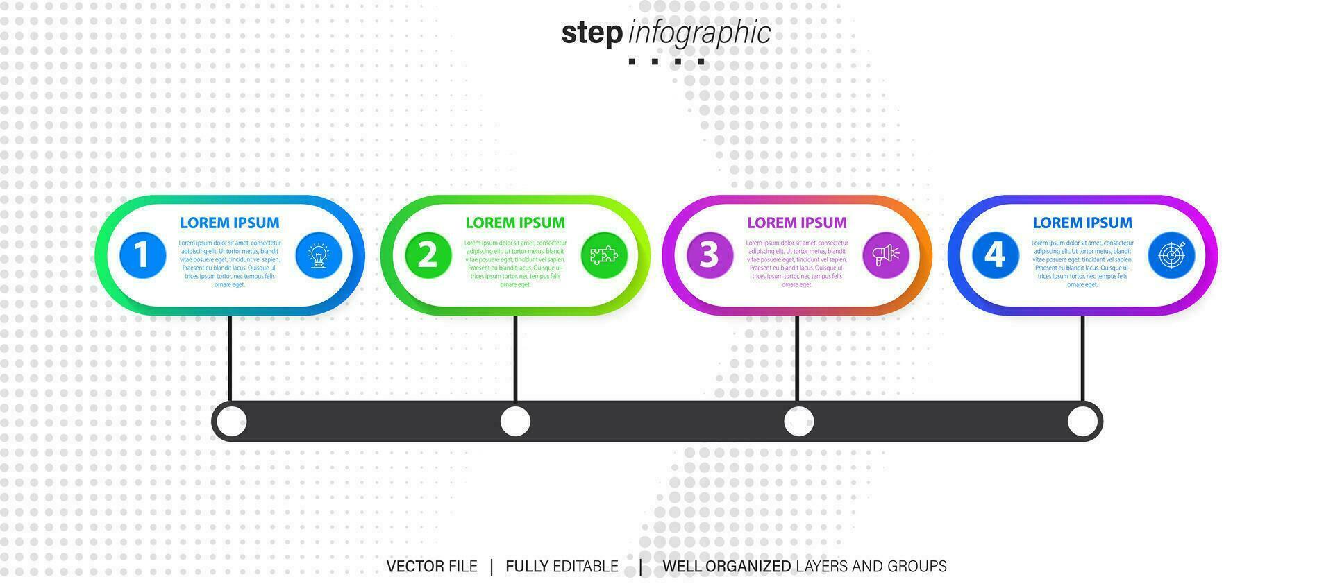 pasos diseño de plantilla infográfica de proceso de línea de tiempo de visualización de datos comerciales con iconos vector