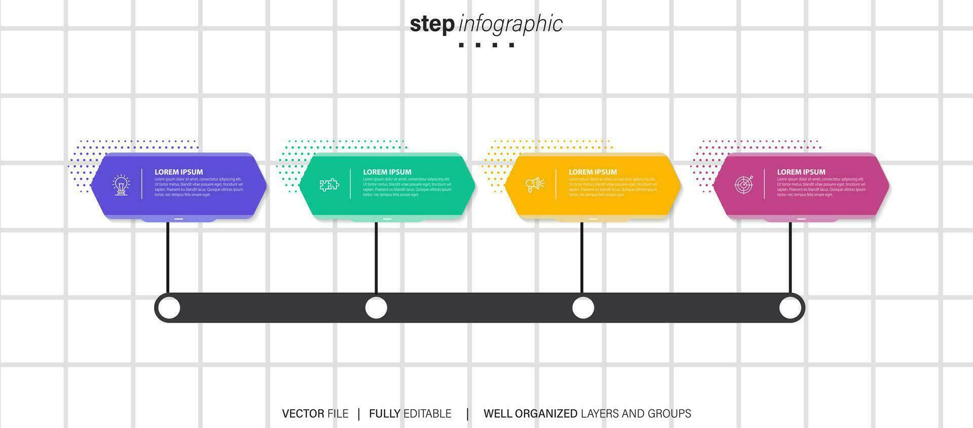 pasos diseño de plantilla infográfica de proceso de línea de tiempo de visualización de datos comerciales con iconos vector