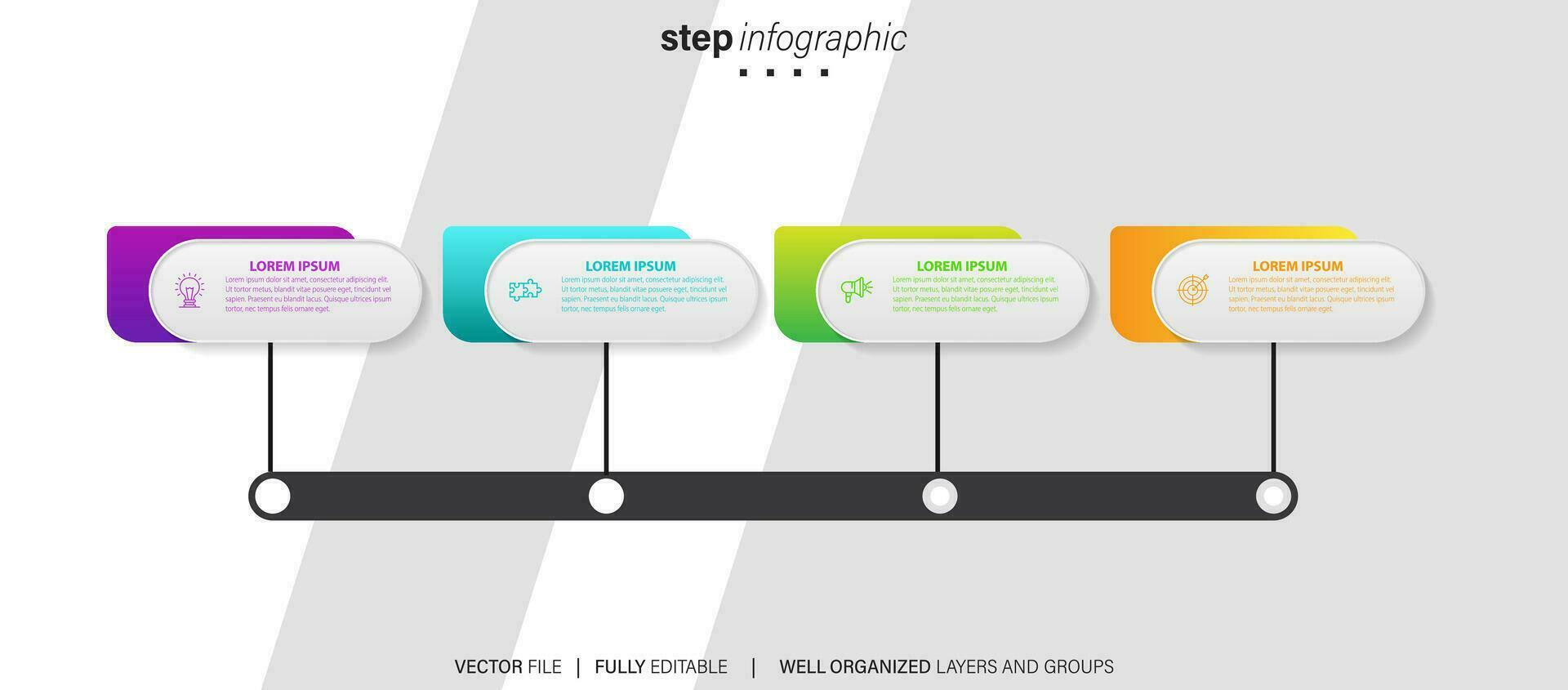 pasos diseño de plantilla infográfica de proceso de línea de tiempo de visualización de datos comerciales con iconos vector