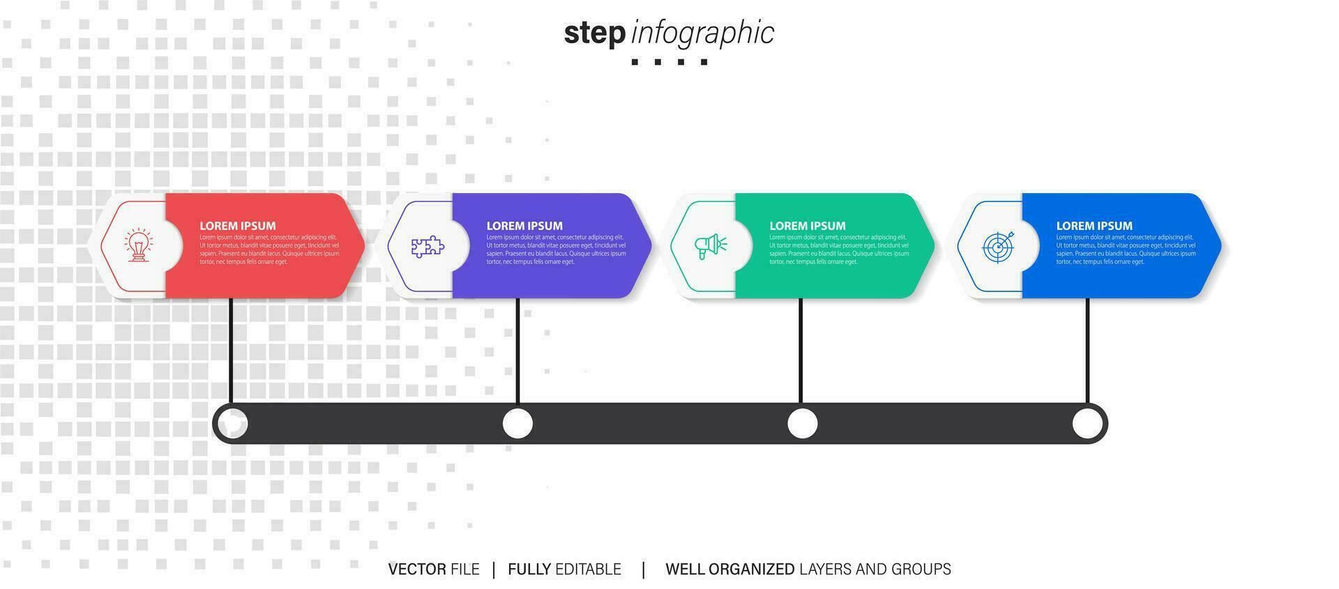 Timeline infographic with infochart. Modern presentation template with 6 spets for business process. Website template on white background for concept modern design. Horizontal layout. vector