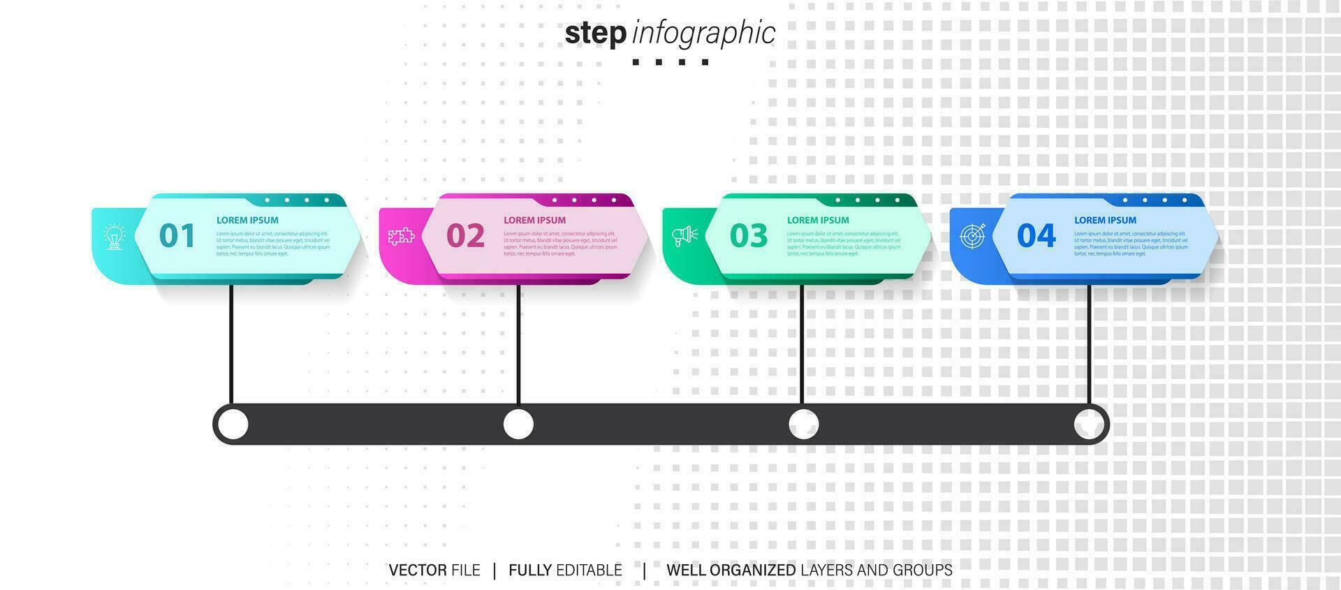 pasos diseño de plantilla infográfica de proceso de línea de tiempo de visualización de datos comerciales con iconos vector