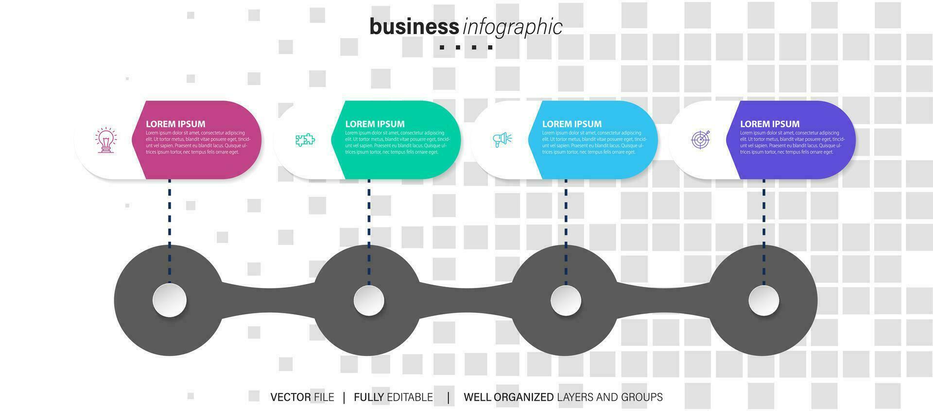 Delgado línea proceso negocio infografía con cuadrado modelo. vector ilustración. proceso cronograma con 4 4 opciones, pasos o secciones.