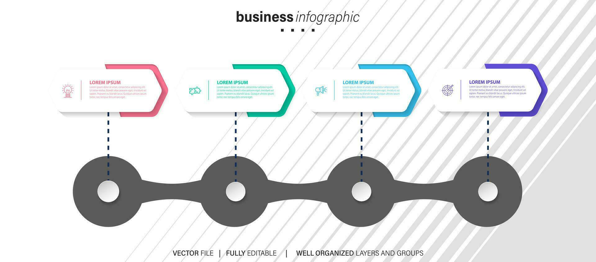 pasos diseño de plantilla infográfica de proceso de línea de tiempo de visualización de datos comerciales con iconos vector