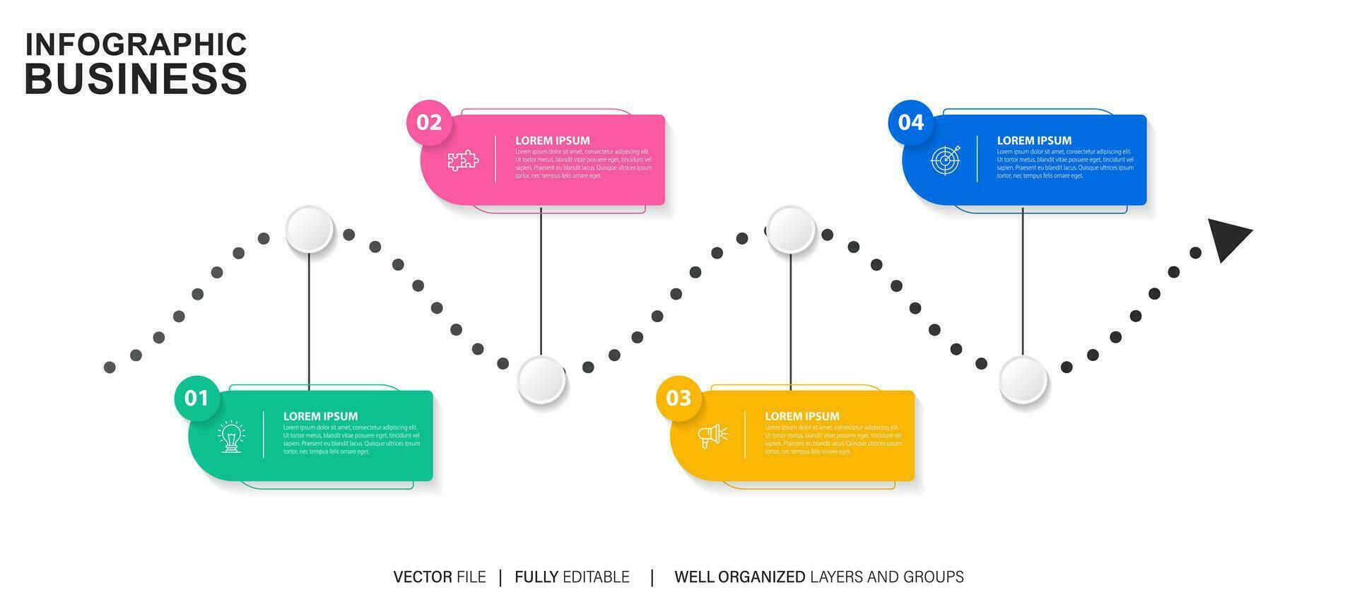 pasos diseño de plantilla infográfica de proceso de línea de tiempo de visualización de datos comerciales con iconos vector