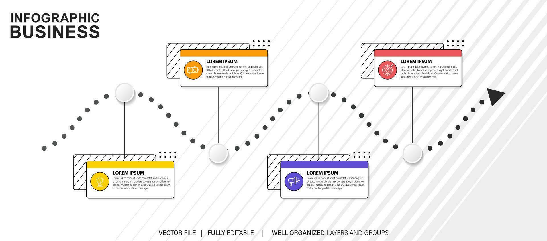 pasos diseño de plantilla infográfica de proceso de línea de tiempo de visualización de datos comerciales con iconos vector