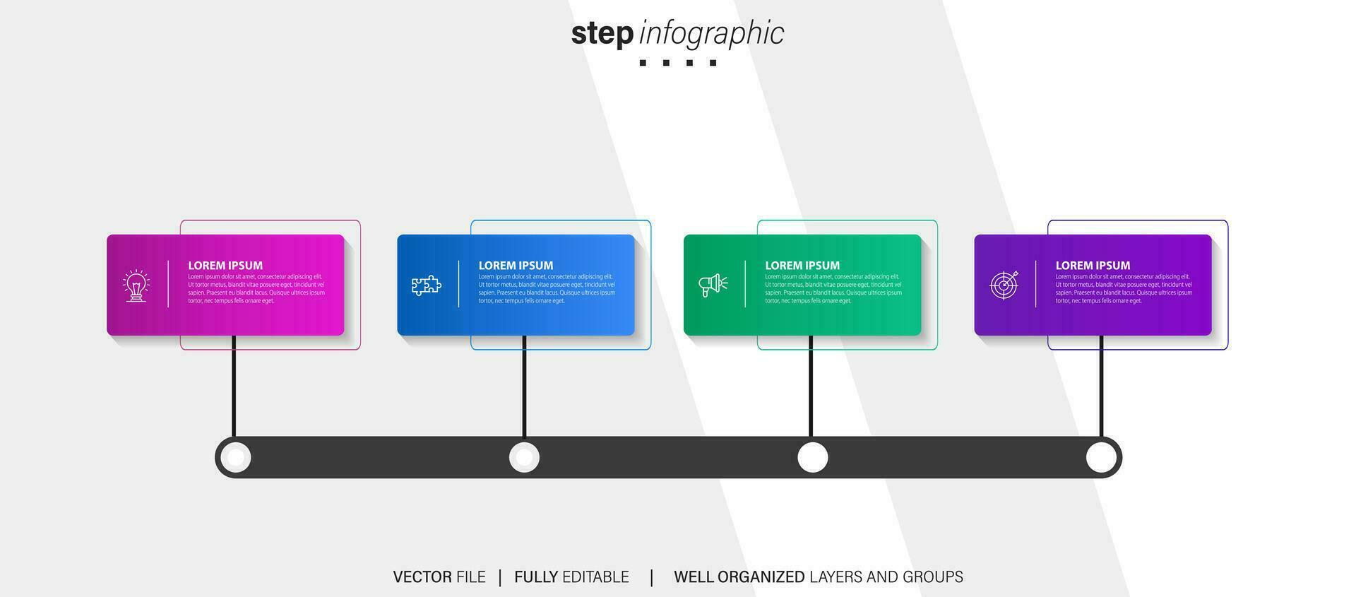 diseño infográfico de línea de tiempo con 4 opciones o pasos. infografías para el concepto de negocio. se puede usar para presentaciones, diseño de flujo de trabajo, banner, proceso, diagrama, diagrama de flujo, gráfico de información, informe anual. vector