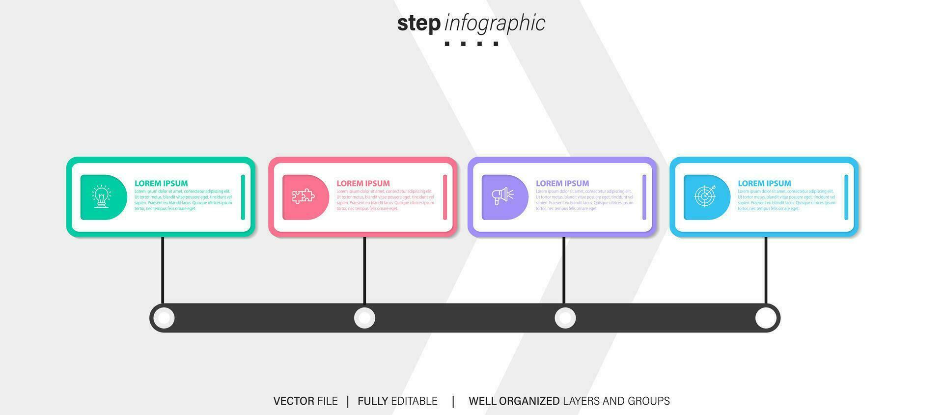 diseño infográfico de línea de tiempo con 4 opciones o pasos. infografías para el concepto de negocio. se puede usar para presentaciones, diseño de flujo de trabajo, banner, proceso, diagrama, diagrama de flujo, gráfico de información, informe anual. vector