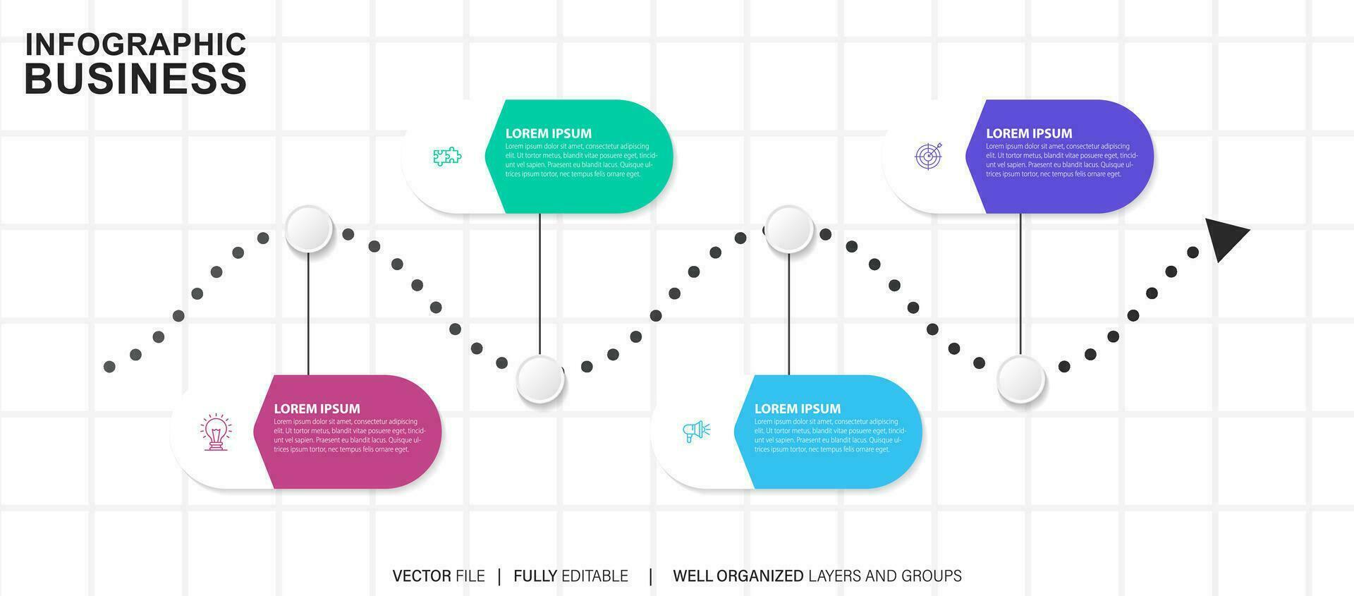 plantilla de infografía empresarial. línea de tiempo con 4 pasos, círculos, opciones e iconos de marketing. elementos infográficos lineales vectoriales. vector