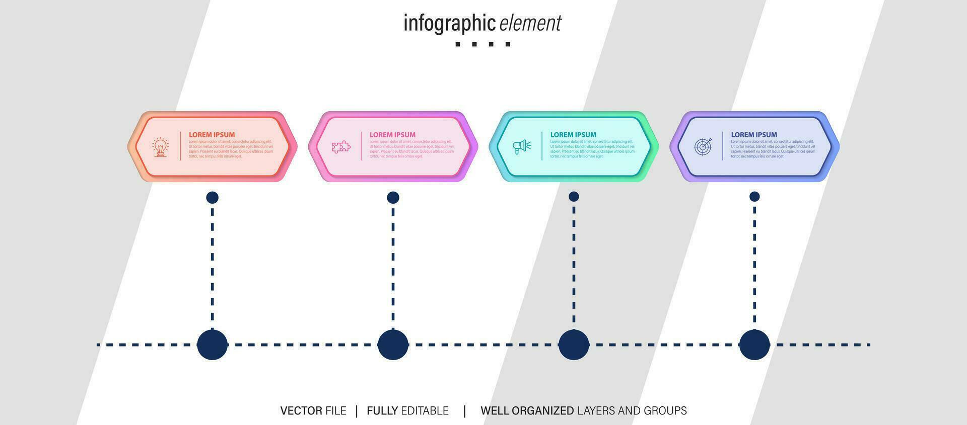 Timeline infographic with infochart. Modern presentation template with 4 steps for business process. Website template on white background for concept modern design. Horizontal layout. vector