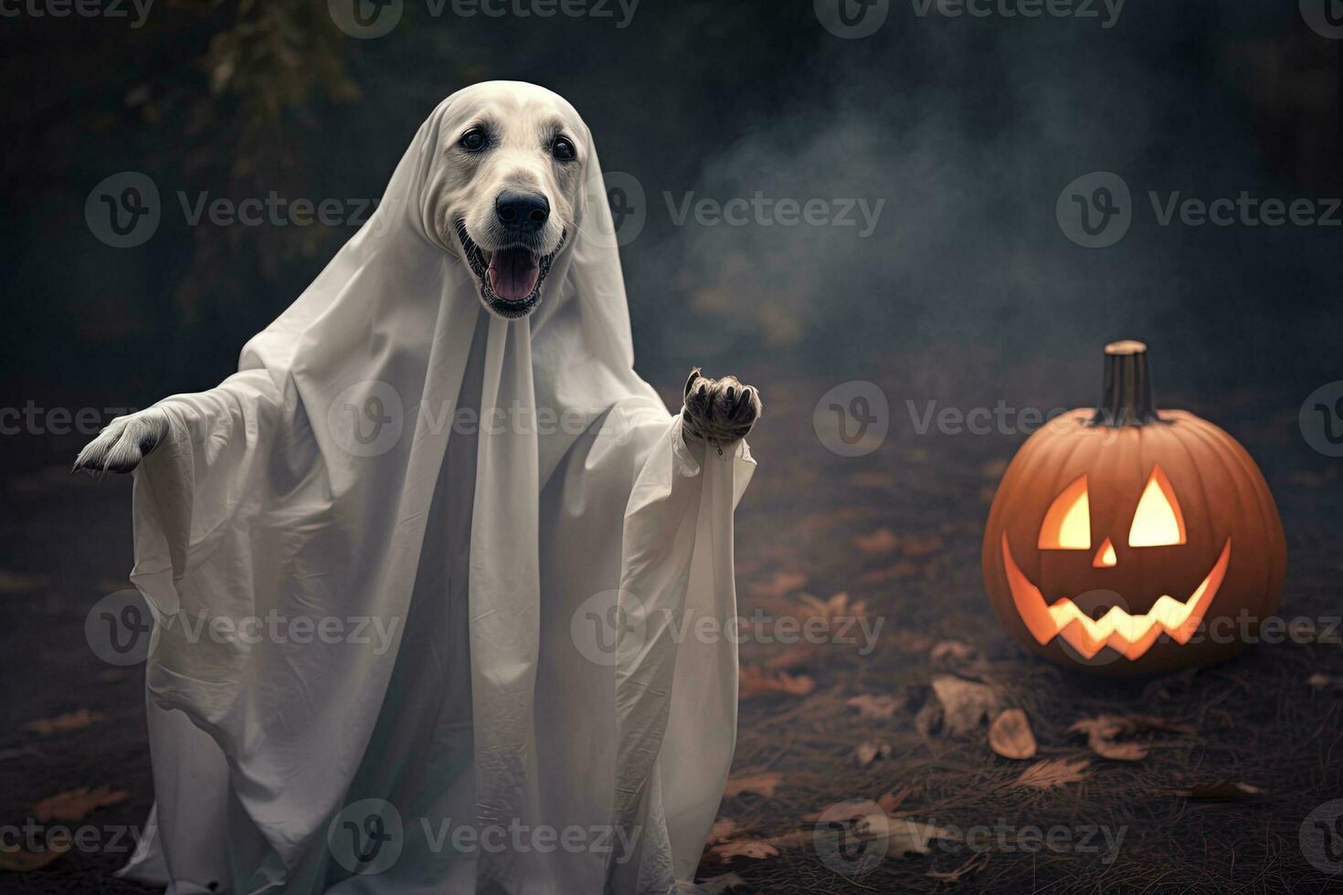 Halloween theme. dog in ghost costume with pumpkins on dark background AI Generated photo