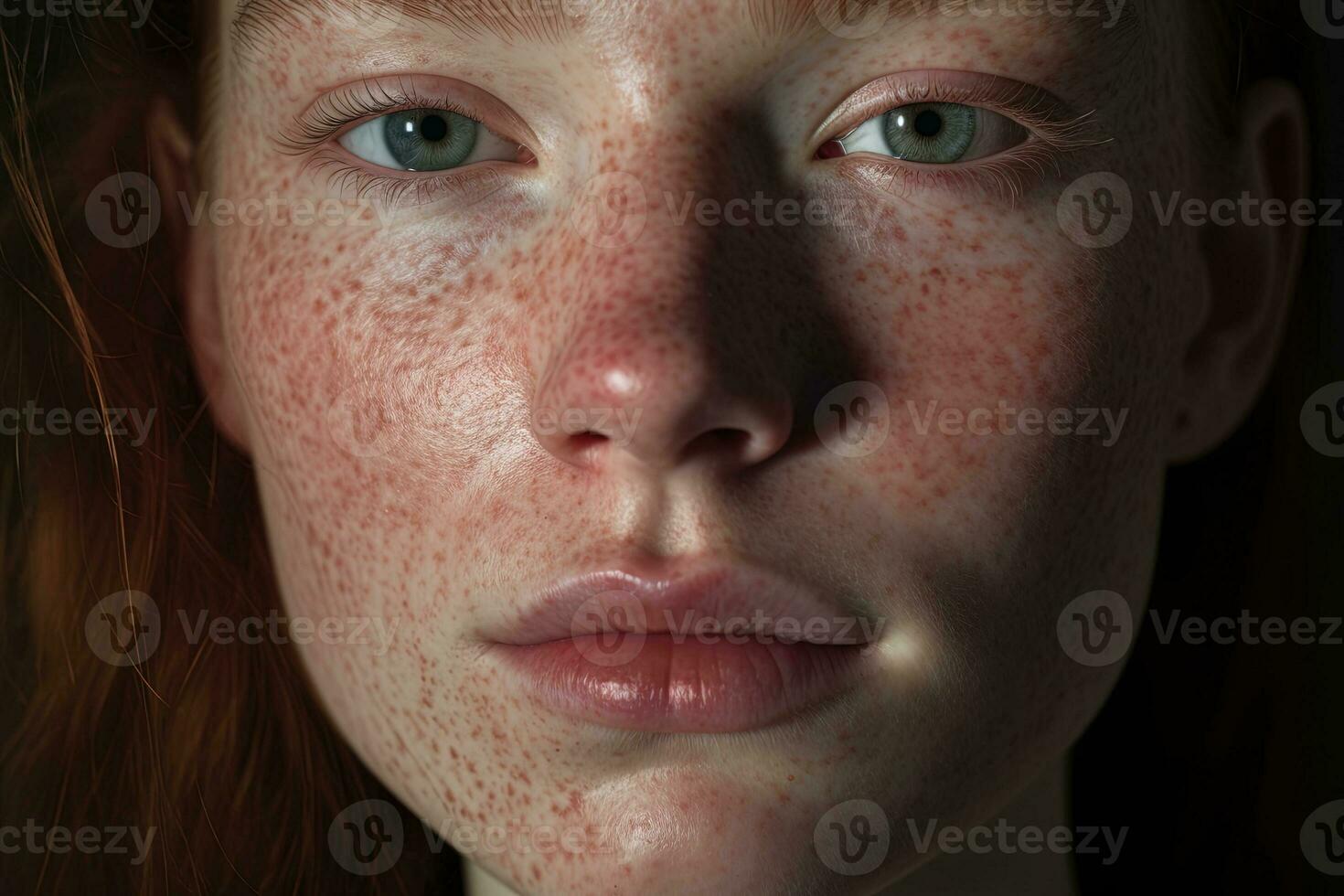 a close up of a woman with freckles AI generated photo