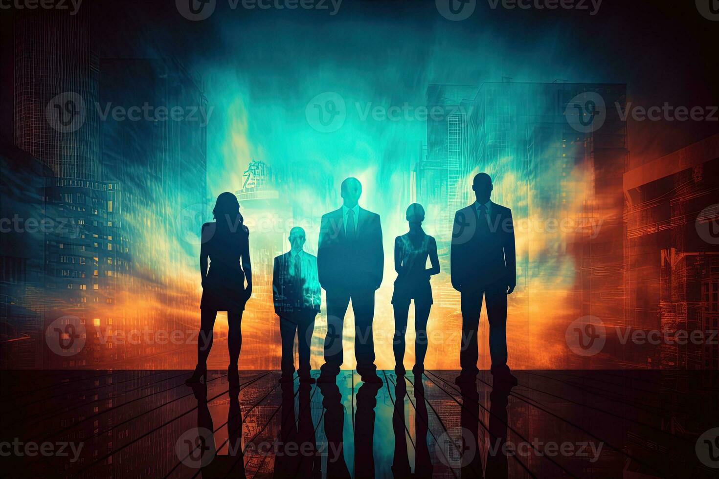 Silhouettes of business people standing in front of the city background AI Generated photo