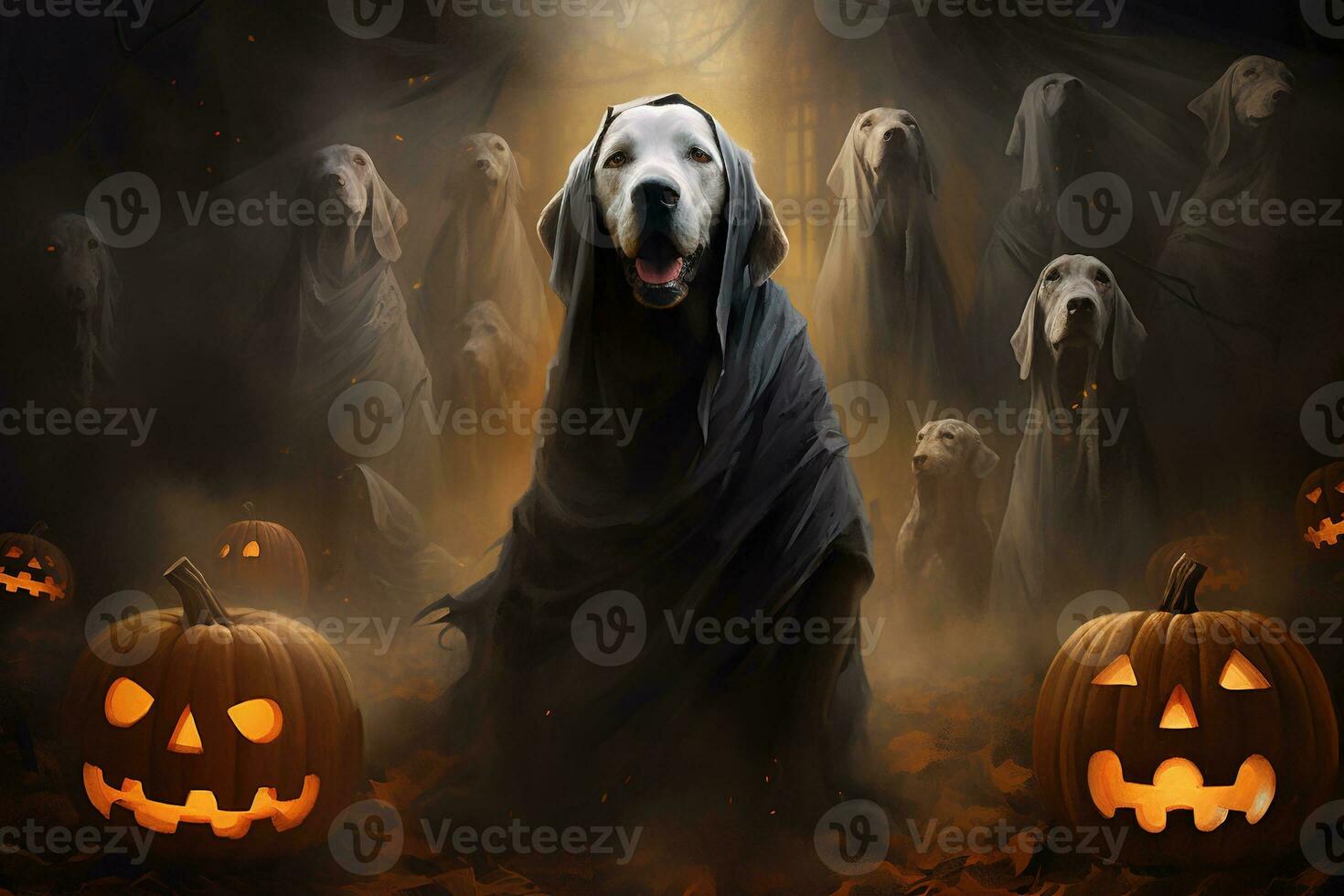Halloween theme. dog in ghost costume with pumpkins on dark background AI Generated photo