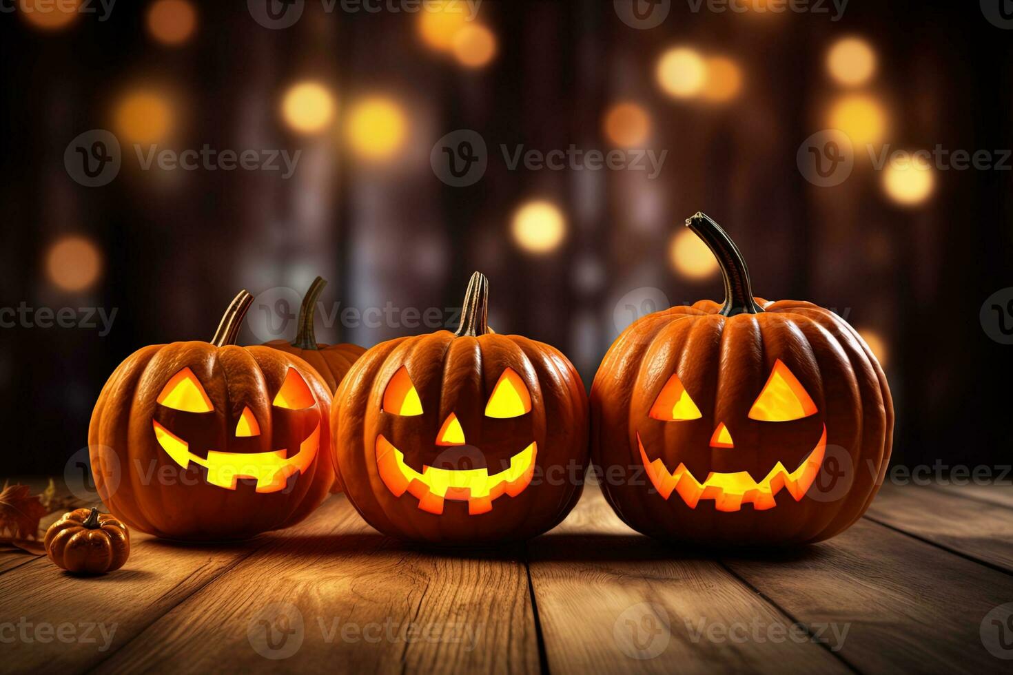 Halloween pumpkins on wooden table with bokeh lights background AI Generated photo