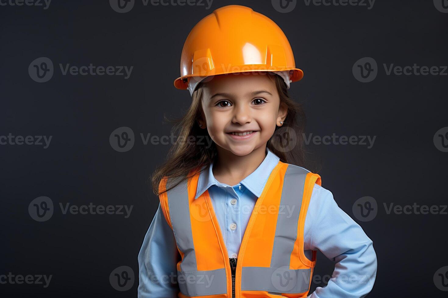 Portrait of a smiling little girl in a construction helmet photo