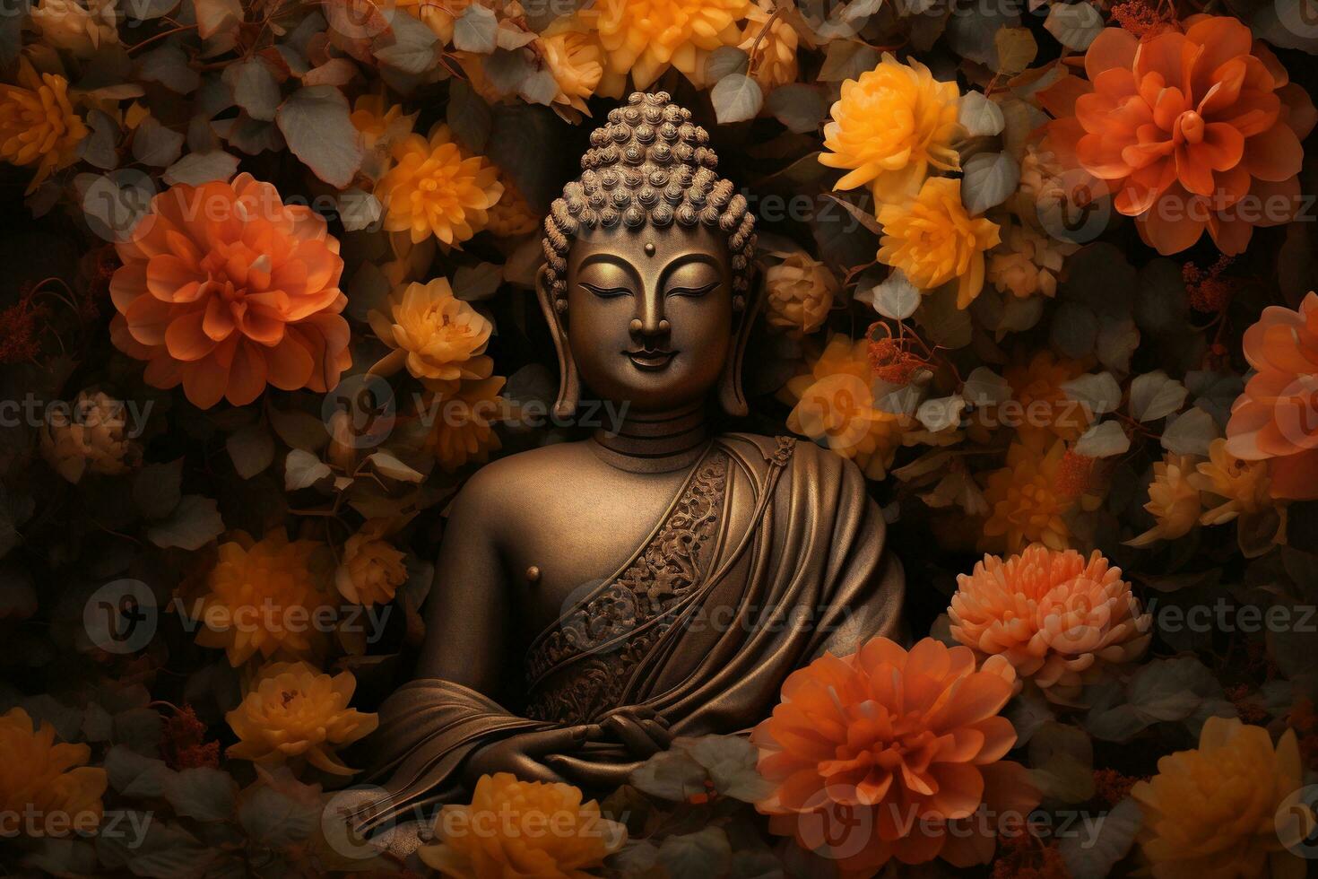 Buda estatua rodeado por amarillo flores ai generado foto