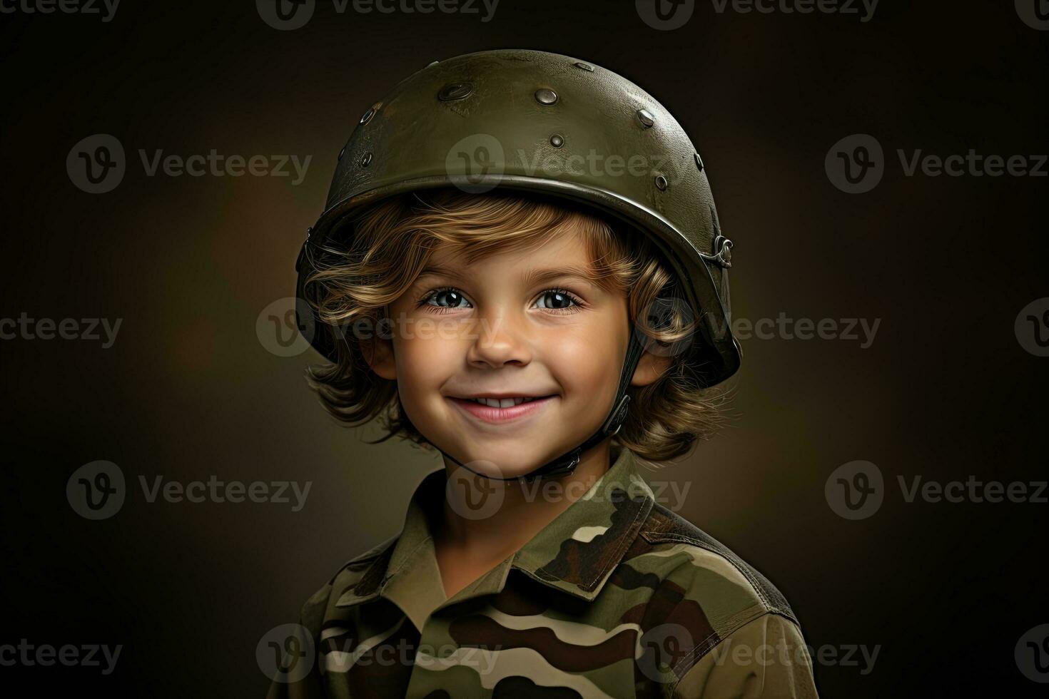 retrato de un linda pequeño chico en militar uniforme en oscuro antecedentes ai generado foto