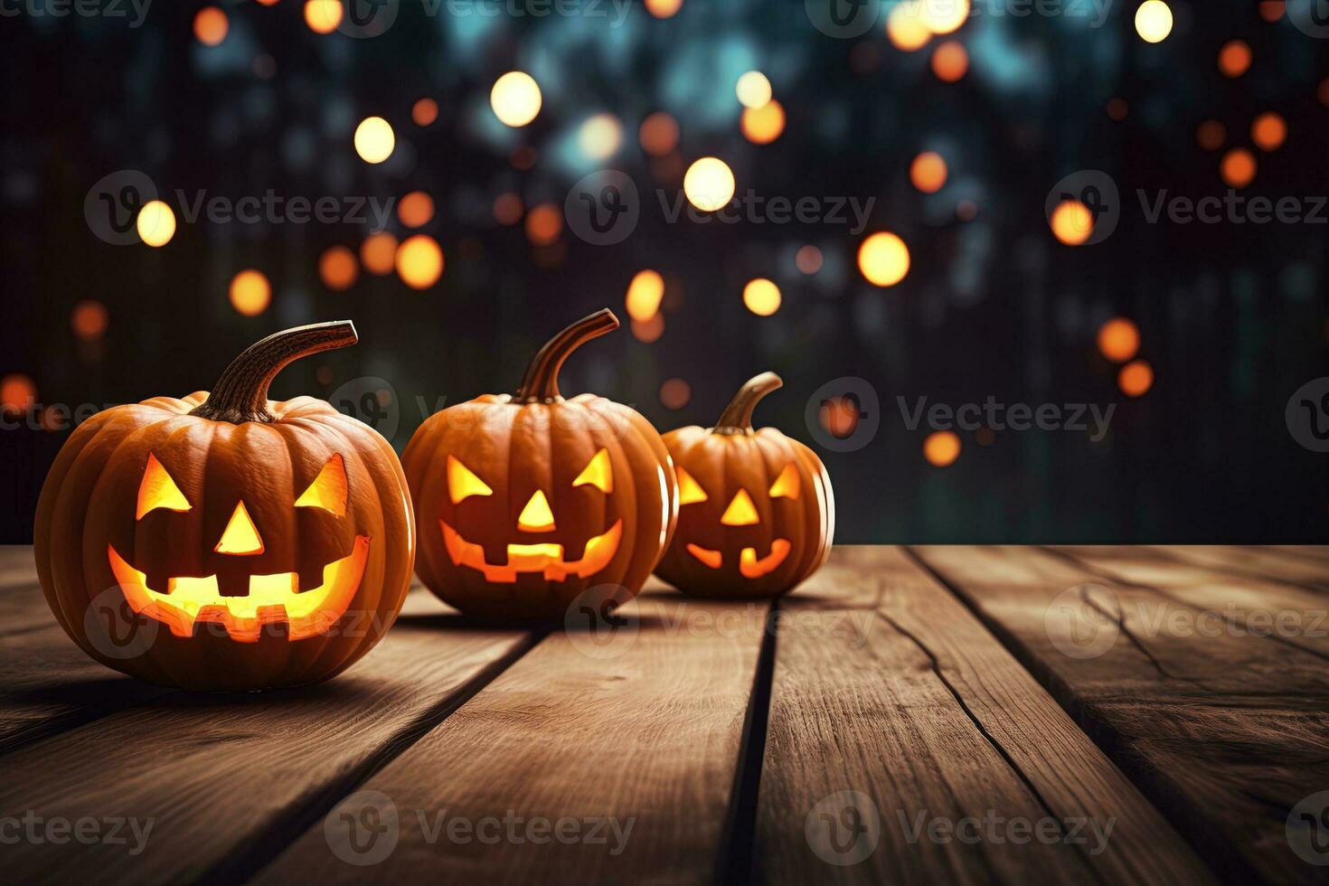 Halloween pumpkins on wooden table with bokeh lights background AI Generated photo