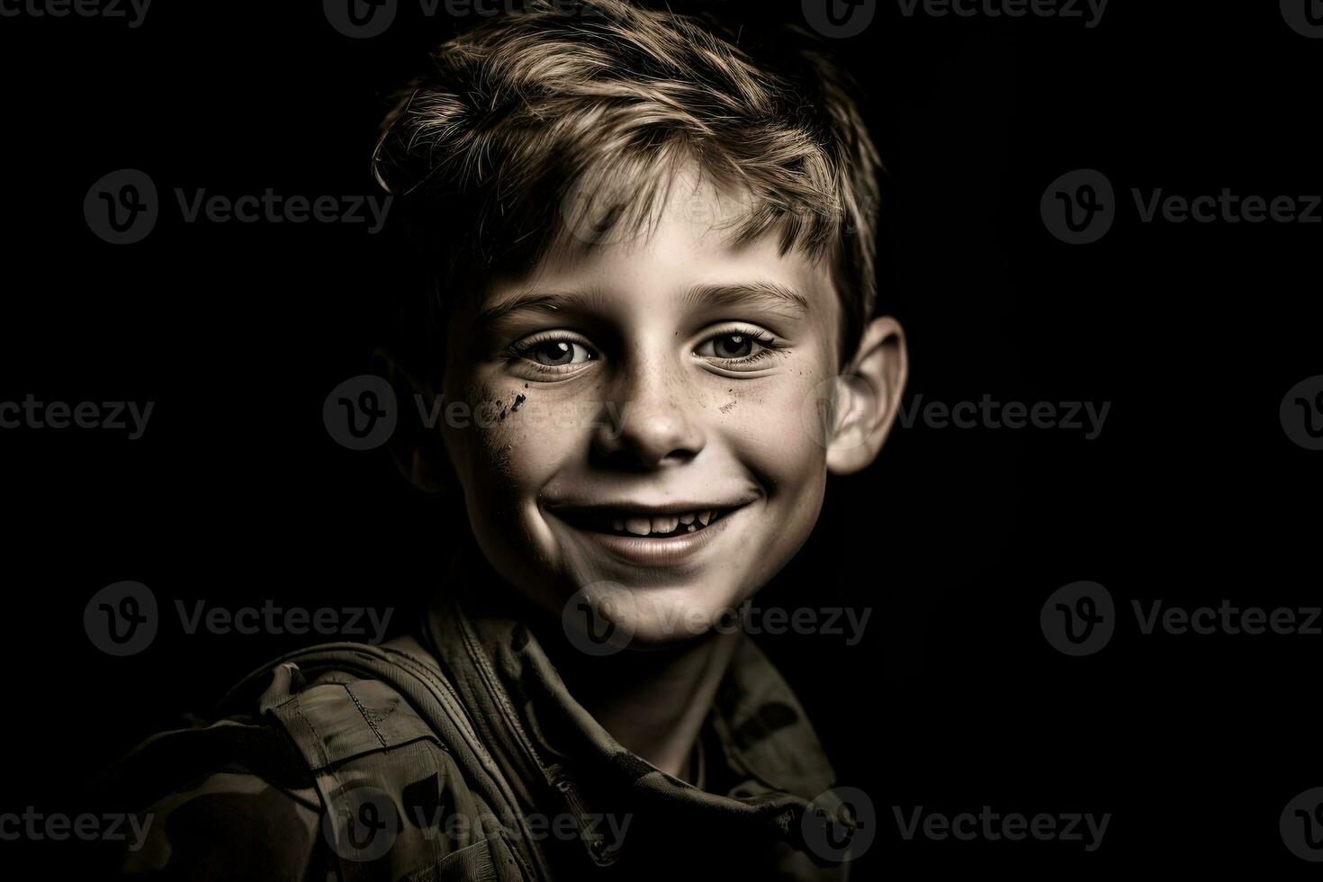 retrato de un linda pequeño chico en militar uniforme en oscuro antecedentes ai generado foto