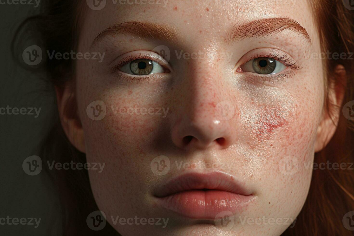 a close up of a woman with freckles AI generated photo
