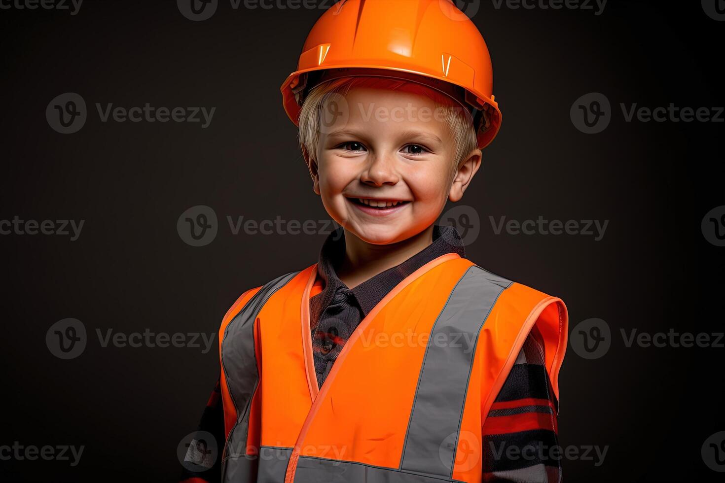 retrato de un linda pequeño chico en un construcción casco ai generado foto