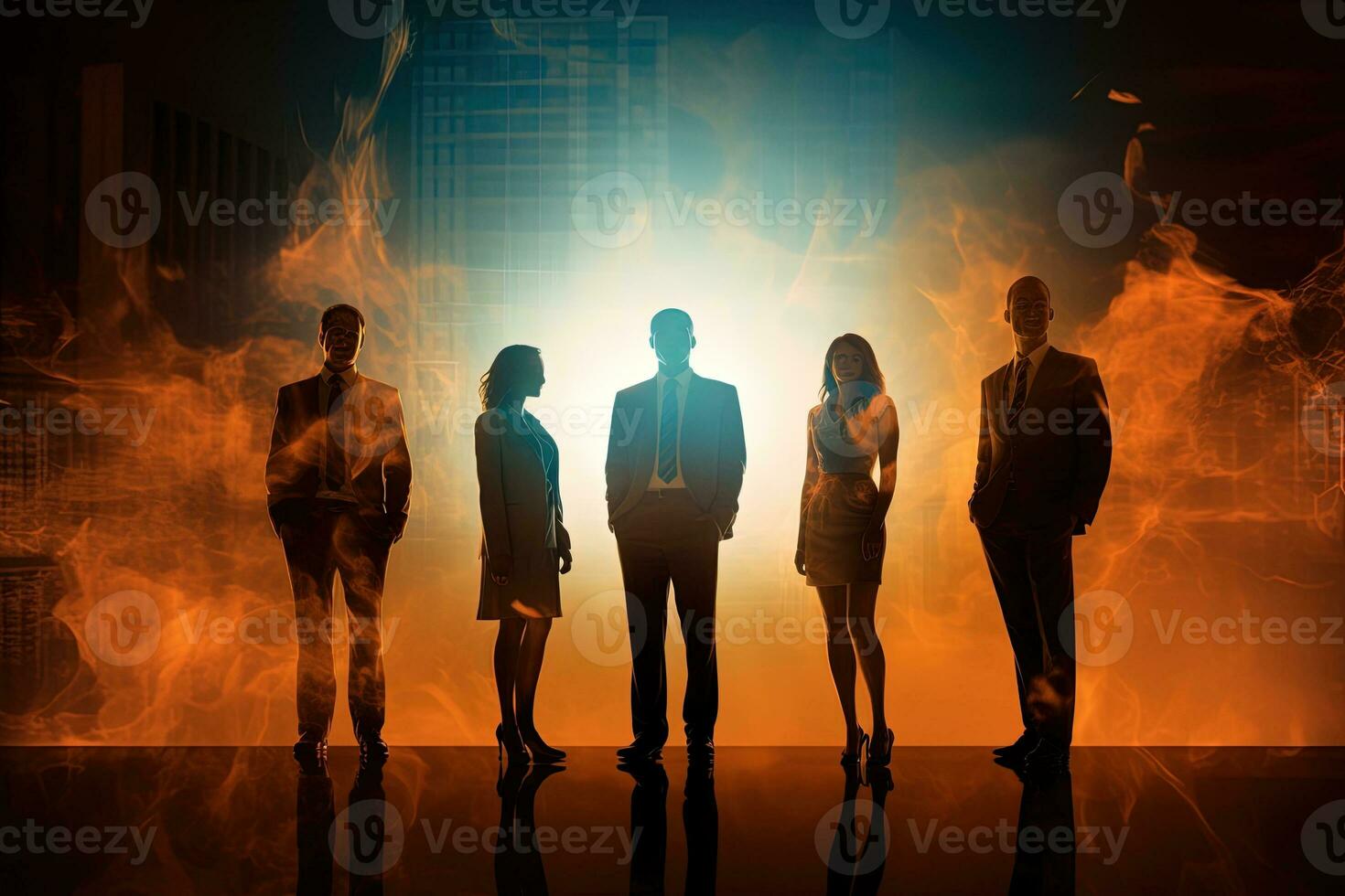 Silhouettes of business people standing in front of the city background AI Generated photo