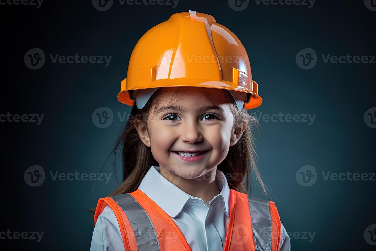 Portrait of a smiling little girl in a construction helmet photo