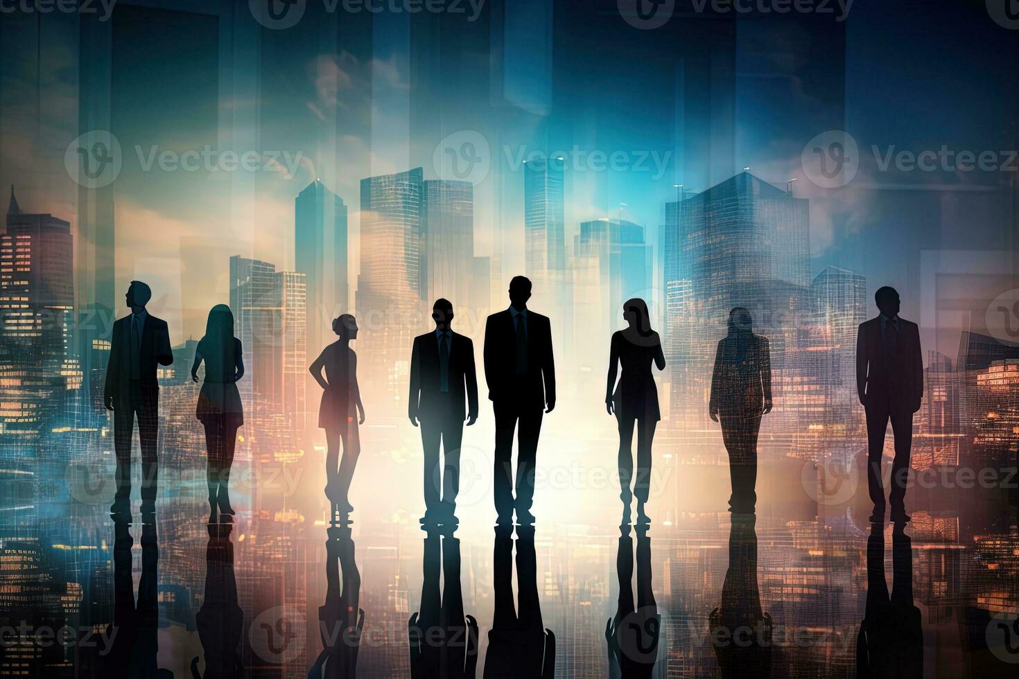 Silhouettes of business people standing in front of the city background AI Generated photo