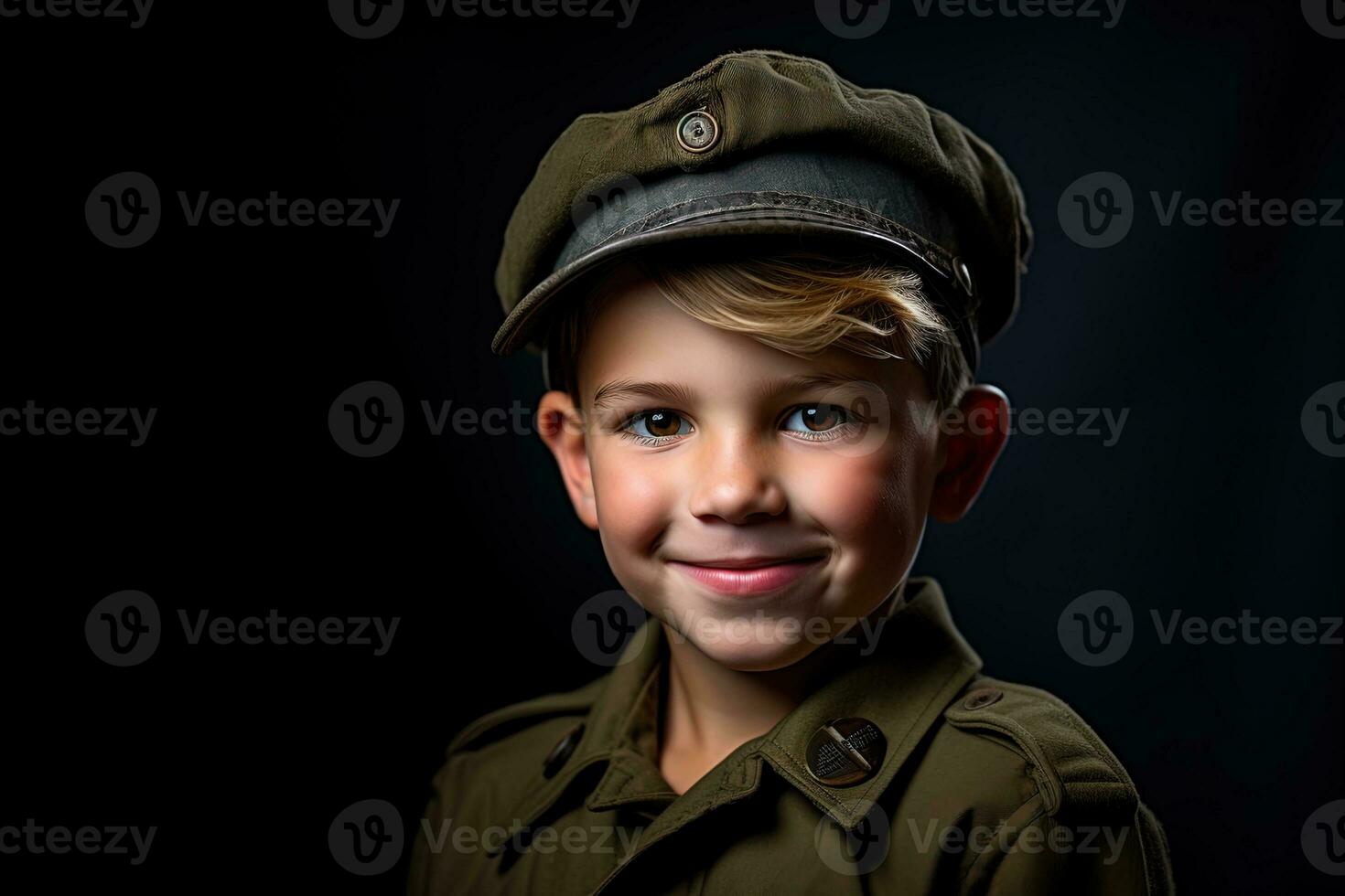 Portrait of a cute little boy in military uniform on dark background AI Generated photo