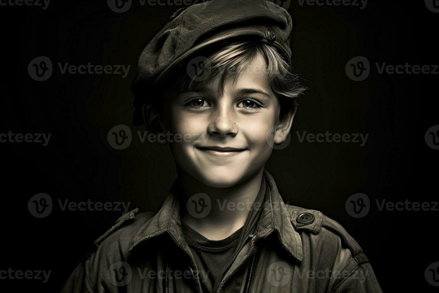 retrato de un linda pequeño chico en militar uniforme en oscuro antecedentes ai generado foto