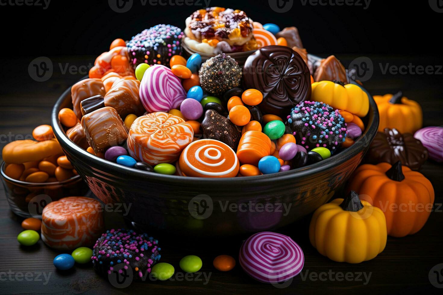 Ai Generated. Halloween candies and sweets on dark background photo