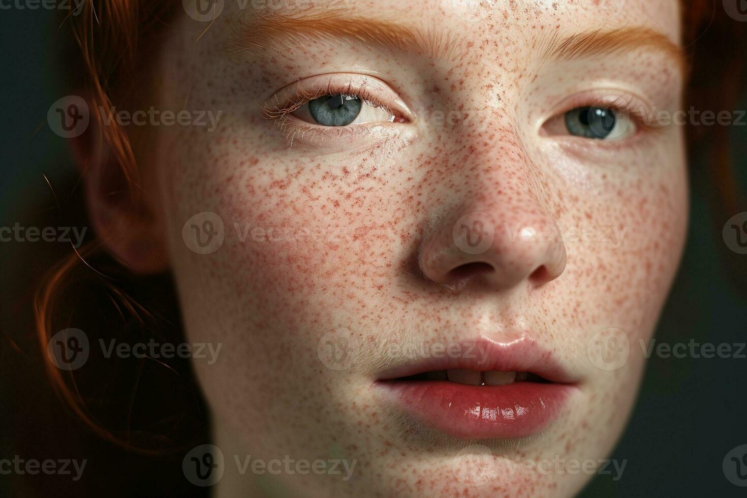 a close up of a woman with freckles AI generated photo