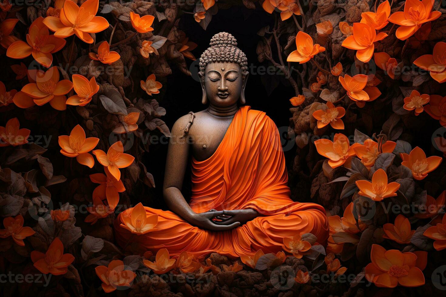 Buddha statue surrounded by orange flowers on a black background AI Generated photo