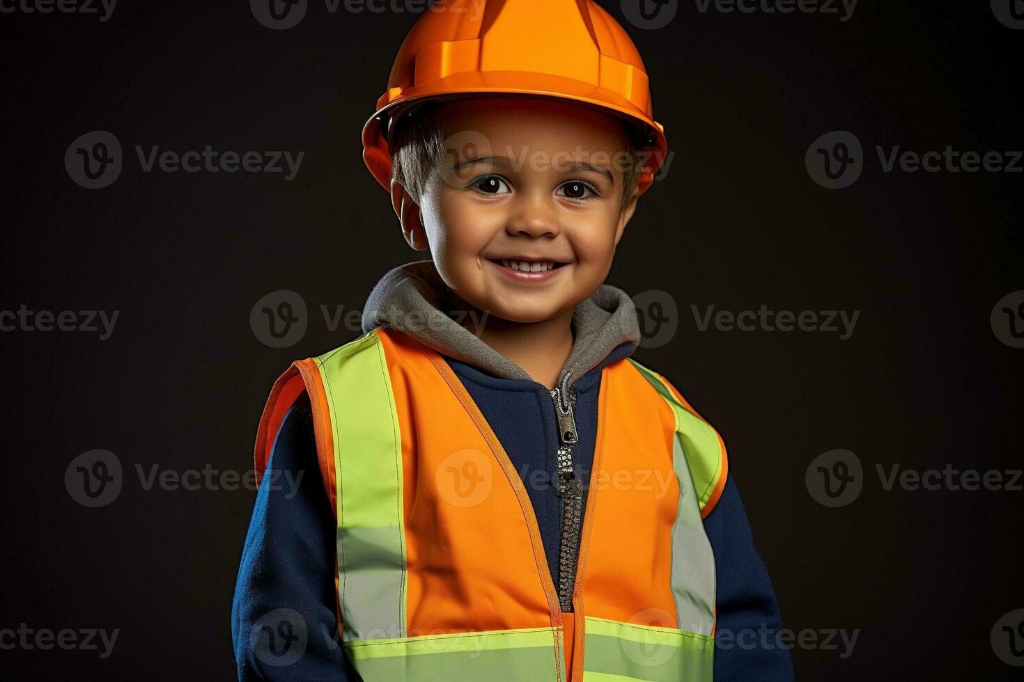 retrato de un linda pequeño chico en un construcción casco ai generado foto